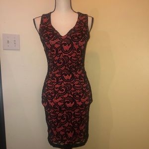Salmon color with black lace dress